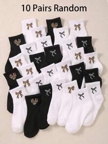 10 Pairs Kids Black & White Bow Print Mid-Calf Socks, Suitable For Daily Wear And Sports, Comfortable Soft Breathable, Suitable For All Seasons, Fashionable And Versatile Children Socks - Multicolor - View 16