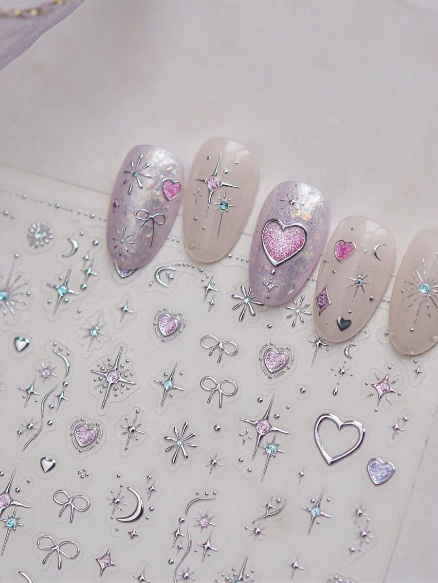 1 miếng dán móng tay 5D hình ngôi sao, mặt trăng, nơ, họa tiết sao lấp lánh phong cách Bohemian, hình trái tim, kiểu móng Pháp, kẻ sọc. - Nhiều màu - Xem 1