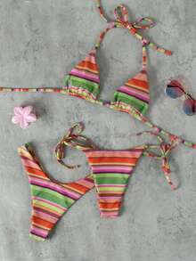 Bộ bikini 3 mảnh kẻ sọc hồng tím dành cho nữ, thanh lịch và gợi cảm, thích hợp cho kỳ nghỉ xuân/hè 2026, thiết kế thời trang phù hợp cho kỳ nghỉ, du lịch và mặc đi biển mùa hè. - Nhiều màu - Xem 2