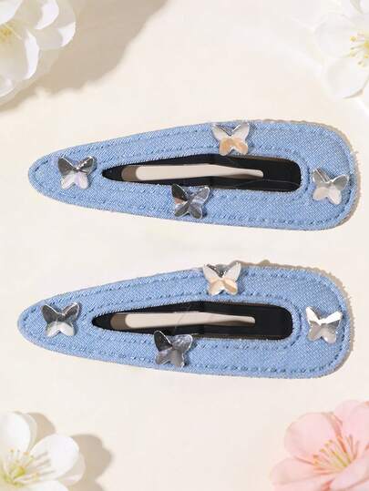 2pcs Jeans Butterfly Hair Clips For Girls, Y2K Style Silver Butterfly BB Clips, Sweet Cool Hair Accessories For Daily, Festival, Date