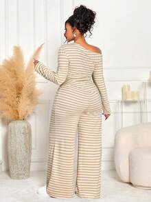 BIUBIU Bộ đồ nữ cỡ lớn gồm áo sọc lệch vai và quần ống rộng cạp cao, ấm áp và tôn dáng, thích hợp cho mùa thu/đông, thanh lịch và xuân. - Be - Xem 2