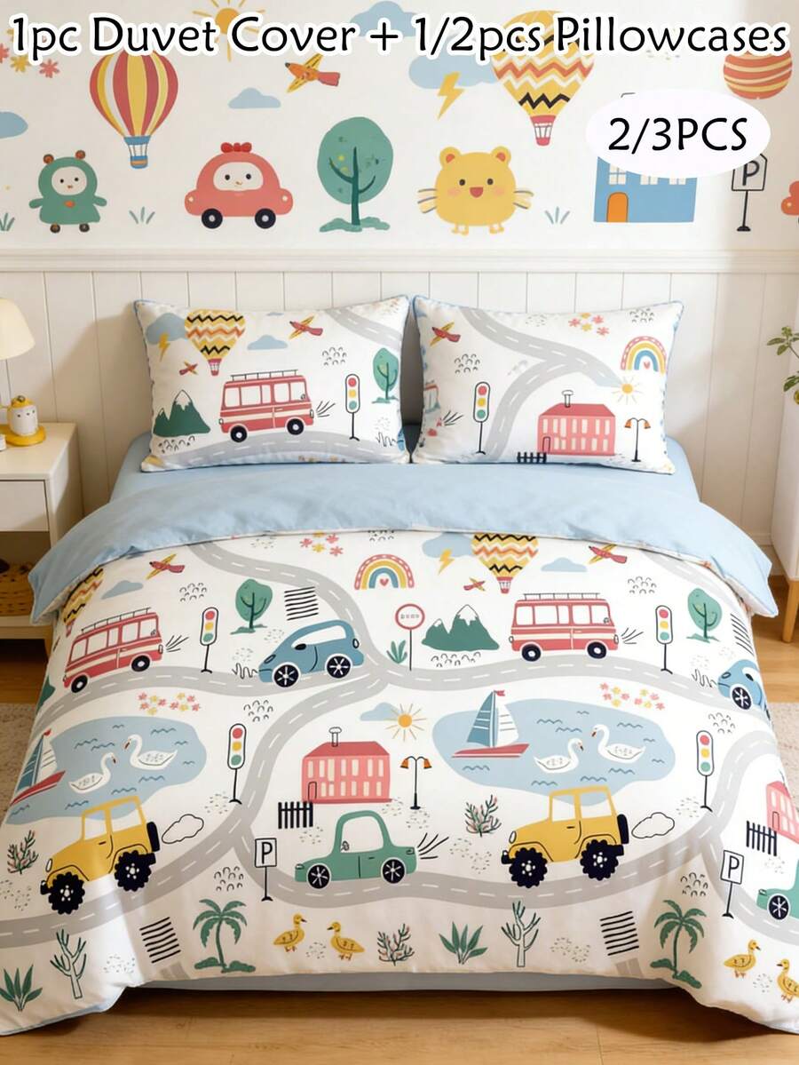 Set Sprei 2/3 pcs Motif Mobil Cetak Digital, Set Perlengkapan Tidur Poliester Kartun Lucu untuk Semua Musim, Lembut & Bernapas, Dapat Dicuci dengan Mesin, Hadiah untuk Anak Laki-laki, Perempuan, dan Anak-anak (1 Sprei + 1/2 Sarung Bantal, Tanpa Isian)
