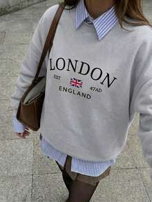Women's Casual Crew Neck Sweatshirt, London Style, With Graphic Print In English, Versatile For Everyday Wear, Autumn/Winter - Xám - Xem 2