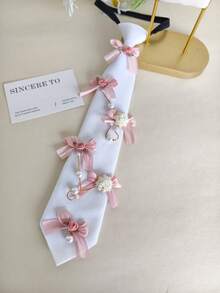 Shiny Polyester Lace Vintage French Elegant Pearl Lace Tie, Ladies Ties, Unique Design Pearl Decor, Suitable For Suits, Parties And Festivals,Travel - Pink Bow - View 8