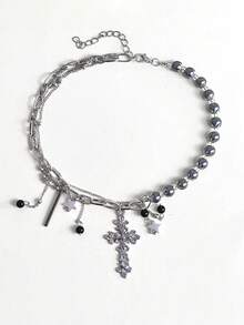 1 chiếc vòng cổ choker nam bằng bạc hình thánh giá, dây hạt cườm với mặt dây chuyền hình ngôi sao, phong cách đường phố. - Bạc - Xem 7