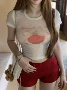 Áo thun ngắn tay ôm dáng dễ thương in hình quả táo dành cho nữ, thích hợp cho mùa xuân/hè. - trắng - Xem 3