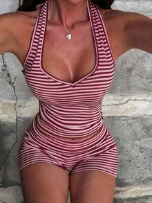 2pcs Women Sports & Casual Camisole Top And Striped Shorts Set Summer Elegant - Pink Stripes - View 3