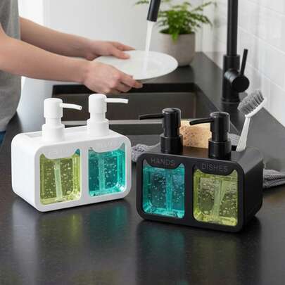 Bình đựng xà phòng để bàn 4 trong 1 tích hợp giá đựng bông tắm và bàn chải, bình đựng xà phòng nhà bếp/phòng tắm tiện dụng, bình bơm xà phòng để bàn, bình đựng nước rửa chén, bình đựng xà phòng phòng tắm, hộp đựng xà phòng, phụ kiện nhà bếp, phụ kiện phòng tắm, đồ dùng gia đình, trang trí nhà hiện đại, trang trí nhà bếp.