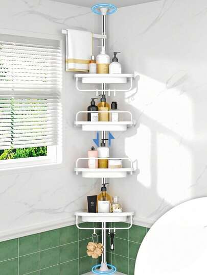 Estantería de baño de 4 niveles ajustable para esquina con barra de toallas giratoria - Unidad de almacenamiento montada en la pared de gran resistencia y ahorro de espacio, estantes de plástico blanco con marco de metal, adecuada para baños pequeños
