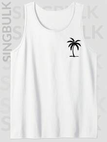 Beach Palm Tree Print Men'S Tank Top, Men'S Cotton Crew Neck Sleeveless Tank Top, Casual Graphic Top For Outdoor, Men'S Clothing - 白色 - 查看 10