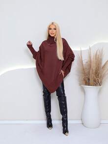 MONNEI Knitted Poncho With High Neck And Asymmetrical Batwing Sleeves, French Style - 巧克力棕 - 查看 2