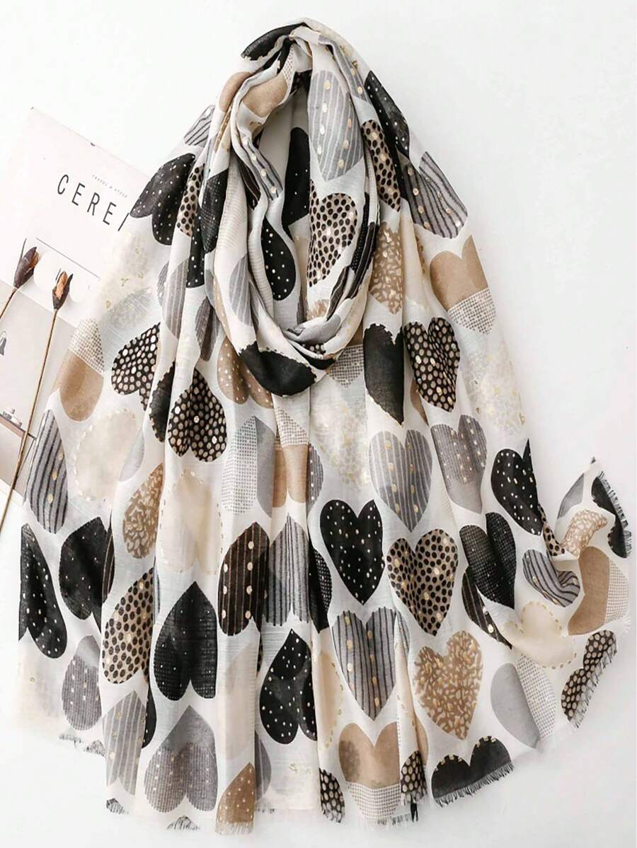 Écharpe vintage pour femmes avec motif cœur et impression feuille d'or, châle à double usage pour les trajets et les vacances, foulard artistique, paréo de plage - Noir - Voir 1