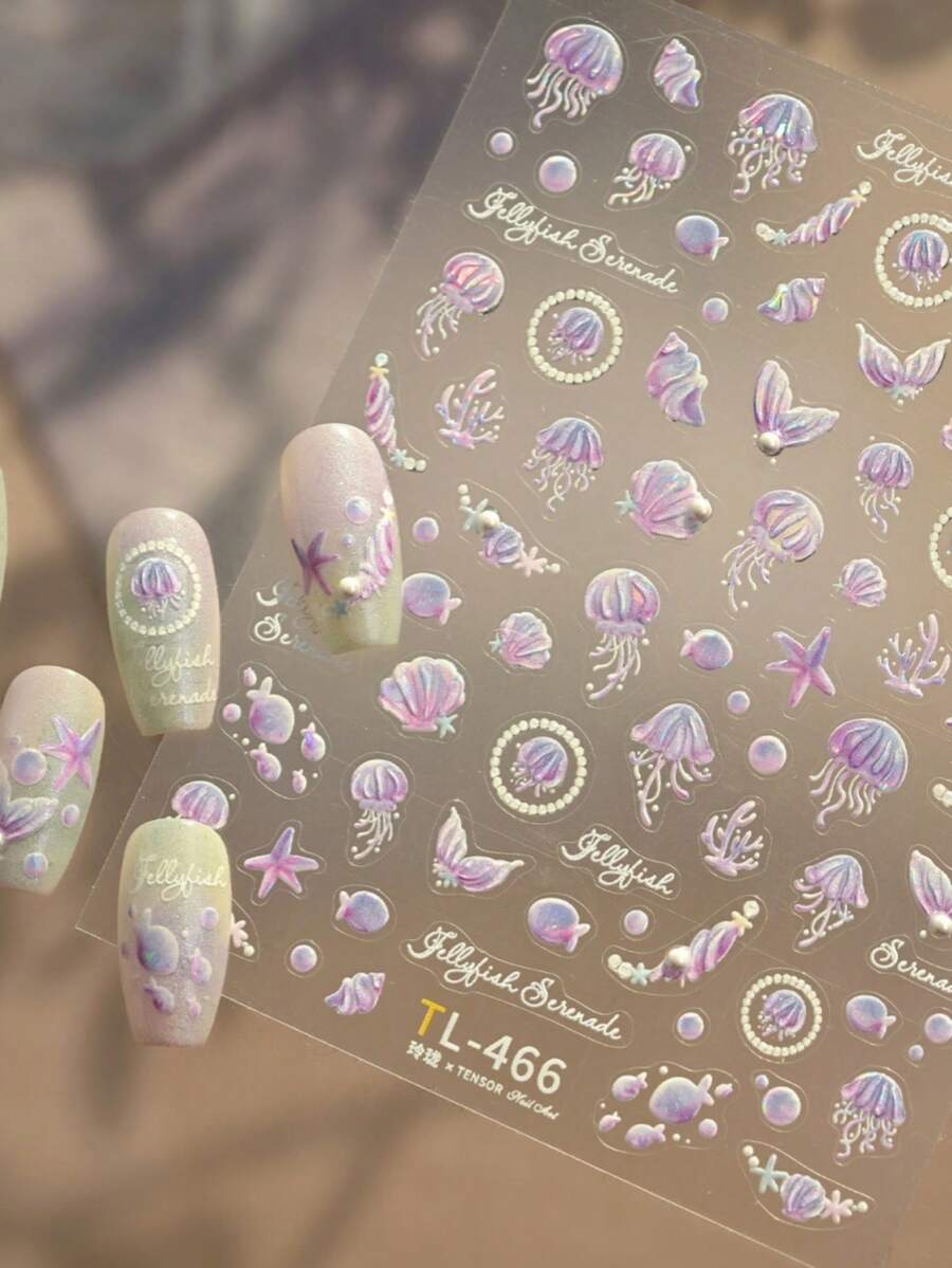 1张5D法式浪漫公主风美甲贴纸，粉色紫色水母海星贝壳美人鱼图案，自粘美甲贴纸，美甲贴花 - 彩色 - 查看 1
