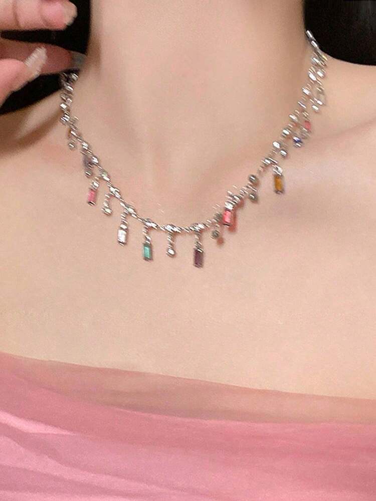 AuraLois 1pc Rainbow Tassel Zirconia Necklace, Exquisite Luxurious Delicate Design Multilayer Necklace, Suitable For Women Wedding, Party, Holiday Outfit - 金色 - 查看 5