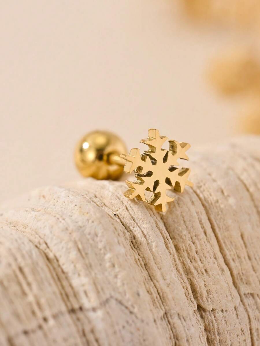 1pc Hollow Snowflake Stainless Steel Minimalist Fashion Versatile Ear Stud Earring, Straight Bar Round Ball Threaded Daily Wear For Women - Gold - View 1