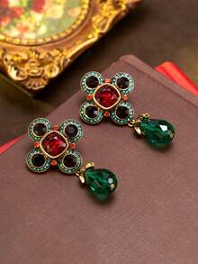 Vintage Victorian Style Cross Flower Gemstone Luxury Earrings, Antique Gold Tone Multi-Color Crystal Teardrop Earrings, Suitable For Formal Occasions Like Gala, Wedding, Ball, Vintage Theme Party, Essential Accessory To Create An Elegant Medieval Ambiance - Multicolor - View 2