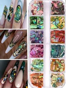 12 Grids Asymmetrical Aurora Shell Slices Nail Decoration Shiny Holographic Asymmetrical Iridescent Mica & Abalone Shell Y2K Mermaid Flake DIY Nail Charms Luxury Manicure Accessories Nails - Multicolor - View 1