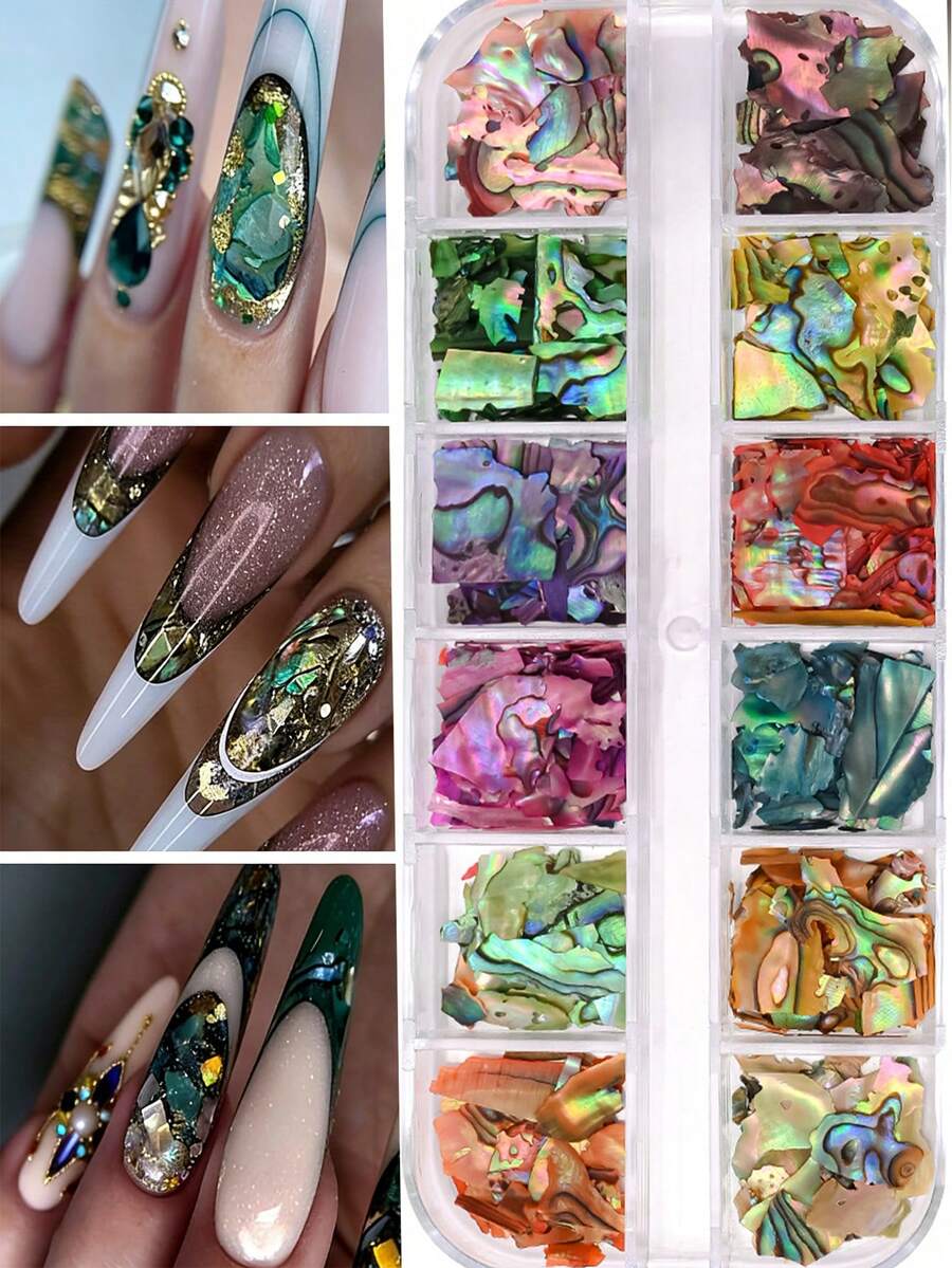 12 Grids Asymmetrical Aurora Shell Slices Nail Decoration Shiny Holographic Asymmetrical Iridescent Mica & Abalone Shell Y2K Mermaid Flake DIY Nail Charms Luxury Manicure Accessories Nails - Multicolor - View 1