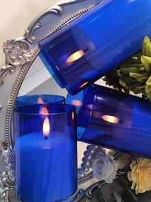 3pcs Flameless Candle Lights With Remote Control/Timer, Battery Operated Candles, Blue Candles, Warm Light Candles, For Tabletop Centerpiece Decor, Suitable For Christmas, Halloween, Valentine's Day, Mother's Day, Gift, Birthday, Proposal, Wedding, April Fool's Day, Dining Table, Party, Holiday Atmosphere Decoration - Blue - Warm Light - View 3