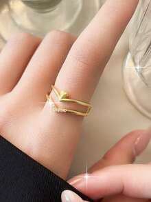1pc Elegant Double-Layer Arrow Heart Single Rings Casual Micro Inlay Cubic Zirconia Minimalist Ring Suitable For Women Daily Commute Graduation Engagement Copper Jewelry For Mother's Day Gift - Heart - View 6