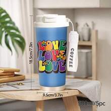 1pc/5pcs 500ml Stainless Steel Vacuum Insulated Coffee Tumbler, Rainbow Love Theme. Rainbow Love Theme Design, Keeps Drinks Hot/Cold, Portable With Hanging Strap, Suitable For Commuting, Travel Or Daily Use. Made Of Stainless Steel To Maintain Beverage Temperature For Long Time. Fashionable Personal Item Or Thoughtful Gift, Essential For Couples. - Blue - Colorful LOVE - View 6