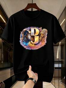 T-shirt nera da uomo con grafica DJ Music, in cotone premium, vestibilità ampia, stile street hip-hop, comoda, stampa grafica unica - nero - Visualizzare 2