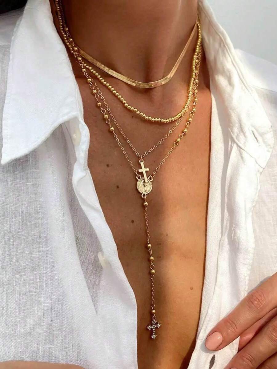 Bộ 4 chiếc dây chuyền mạ vàng 14k nhiều lớp đính hạt hình thánh giá và Đức Mẹ Maria, thích hợp cho kỳ nghỉ, cầu nguyện, lễ rửa tội. - phong cách 8 - Xem 1