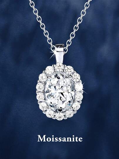 1件优雅925银1.5克拉椭圆形莫桑石吊坠项链，适合女性日常通勤、派对、度假、婚礼、情人节、母亲节、伴娘礼物，闪亮珠宝礼品，送给她的完美之选。