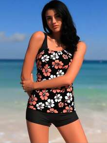 2026  Tankini Bathing Suit For Women, Pink And White Hibiscus Print Top With Black Boyshort Bottoms - 花色 - 查看 5