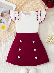 BASUSARRI 2pcs/Set Girls' T-Shirt Top And Colorblock Button Decor Skirt, Elegant Academic Style Versatile Fashion - Red - View 2
