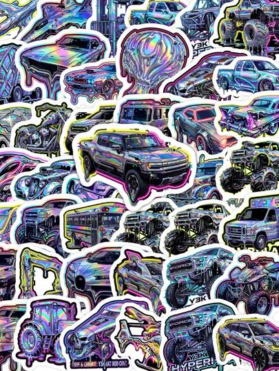Bộ 50 miếng dán vinyl phong cách neon hình xe cộ – Hình dán chống thấm nước nhiều màu sắc với hình ảnh xe cơ bắp, xe tải quái vật, xe máy và máy kéo hiệu ứng hologram, thích hợp dán lên laptop, bình nước, ván trượt, hành lý và đồ thủ công DIY. Lý tưởng cho thanh thiếu niên, người đam mê xe hơi và nam giới. Hình dán dễ bóc, dễ tùy chỉnh.