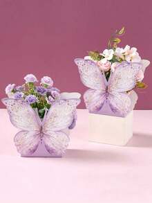 6pcs Watercolor Pink Butterfly Decorative Gift Boxes, Floral Paper Boxes, Suitable For Birthday, Holiday, Wedding, Party, Room, Tabletop Decor, Baby Shower Party Favor Packaging, Floral Paper Boxes, Double-Sided Tape Included - 紫色蝴蝶 - 查看 6