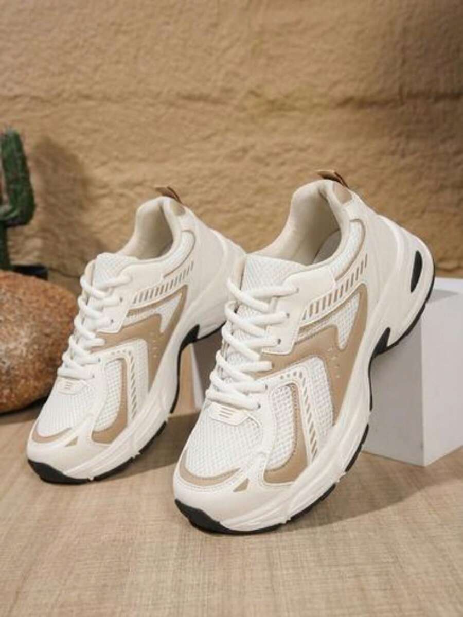 American Retro Contrast Color Running Shoes, Mesh Breathable, Thick Bottom Cushioning, Campus, Street, Daily Wear Template, Running Shoes To Grasp The Relaxation Feeling, 5cm High Casual Shoes - 米色升級款 - 查看 1