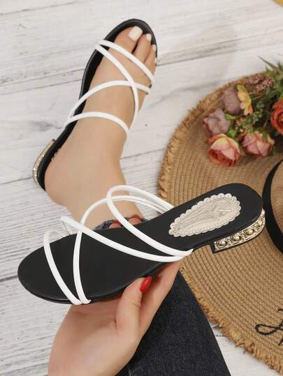 Summer New Rhinestone Crossed Strap Sandals Women, Low Heel Roman Shoes Solid Color Elegant Vacation Fashion Casual PU Leather Crossed Strap Ladies High Heel Sandals Beach Outdoor Summer