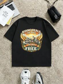 T-Shirt Vintage Da Uomo Con Grafica Da Moto, In Morbido Cotone, Stile Street Hip-Hop, Comoda, Resistente, Con Design Grafico - Black - View 2