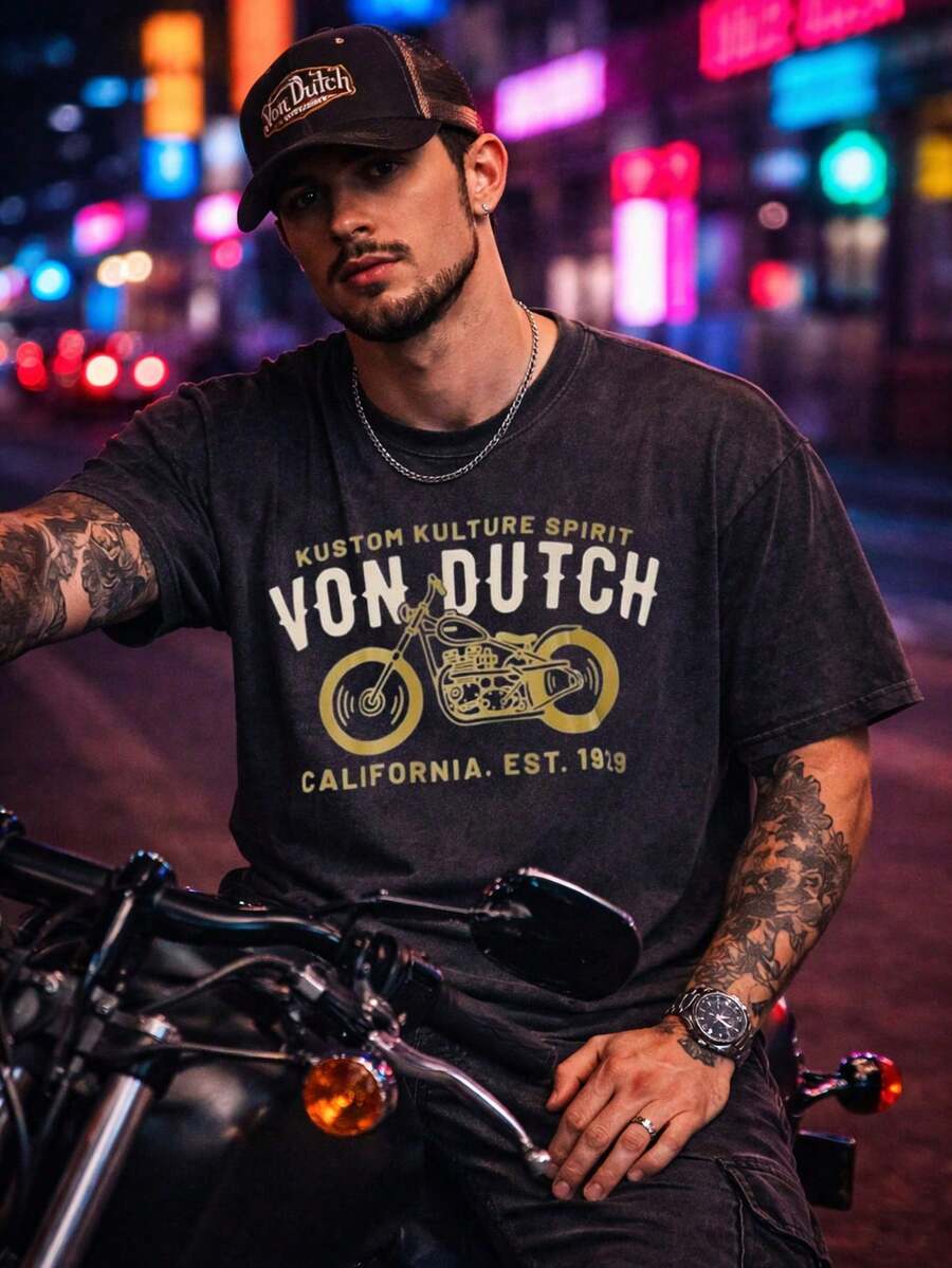 Men Black Washed Casual Streetwear 100 Percent Cotton T Shirt Vons Dutchs Motorcycle Graphic California Est 1919 Design For Daily Wear Outing | Vintage Heavyweight T Shirt | Perfect Gift | Loose Comfortable Breathable | Machine Washable Fabric | Hip Hop Cool Style | Drippy Clothes | Y2K - Black - View 1