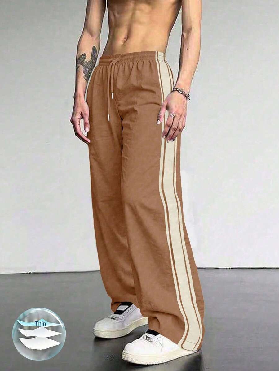 男士輕量夏季休閒長褲,簡約百搭透氣涼爽拼色拼接運動長褲,適合健身、戶外、通勤 - 咖啡棕 - 查看 1