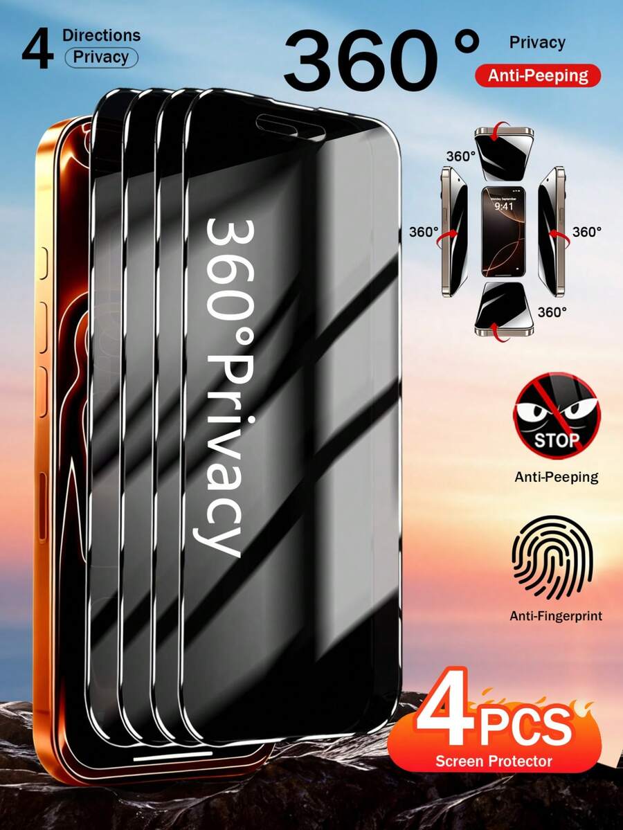 Yezodawee 防震防窥隐私屏幕保护膜 4 片装 360° 防窥隐私屏幕保护膜 全覆盖防窥钢化玻璃屏幕保护膜,具备隐私保护、防摔、防刮擦、触感细腻等功能,兼容 17 Pro Max/17 Pro/17 Air/17/16 Pro Max/16 Plus/15 Pro Max/16E/14/13/12/11 系列,母亲节/生日礼物 - 黑色 - 查看 1