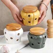 1pc Ceramic Garlic Storage Jar With Ventilated Bamboo Lid, Hollow Ceramic Garlic Warmer For Kitchen Storage And Decor, White & Yellow Ceramic Garlic Storage Container - Multicolor - View 6