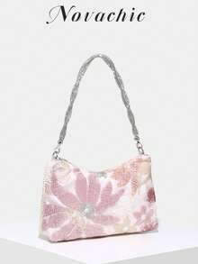 Novachic Twist Crystal Strap, Floral Beaded, Women's Shoulder Bag, Summer Bag, Charming, Elegant & Refined, Understated Luxury, Sparkling Sequins, Luxurious Shine, Women's Shoulder Bag, Evening Clutch, Perfect For Party Girls, Ladies, Brides, Suitable For Parties, Weddings, Galas, Formal Events - Pink - View 2