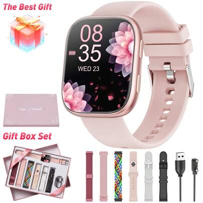 Hwagol 1.85英寸智能手表礼盒套装，男女通用智能手表，支持蓝牙通话，拥有100多种运动模式、睡眠追踪、户外步行/天气/手机查找功能，兼容和安卓系统，包含7条可更换表带，是运动和送礼的理想之选。