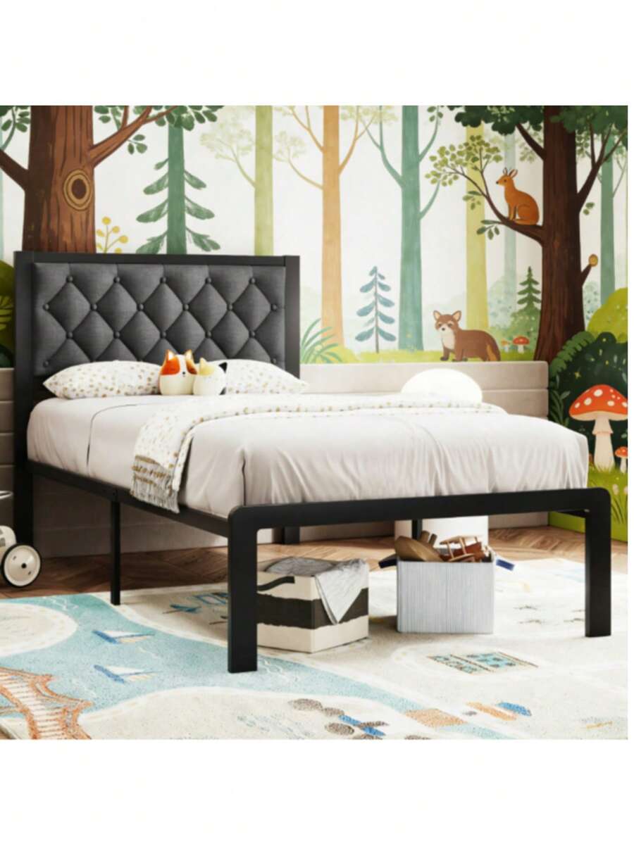Grey Queen/Full/Twin Bed Frame With Tufted Headboard, Metal Platform With Under-Bed Storage, Noise-Free, No Box Spring Needed - Grey Twin - 查看 1