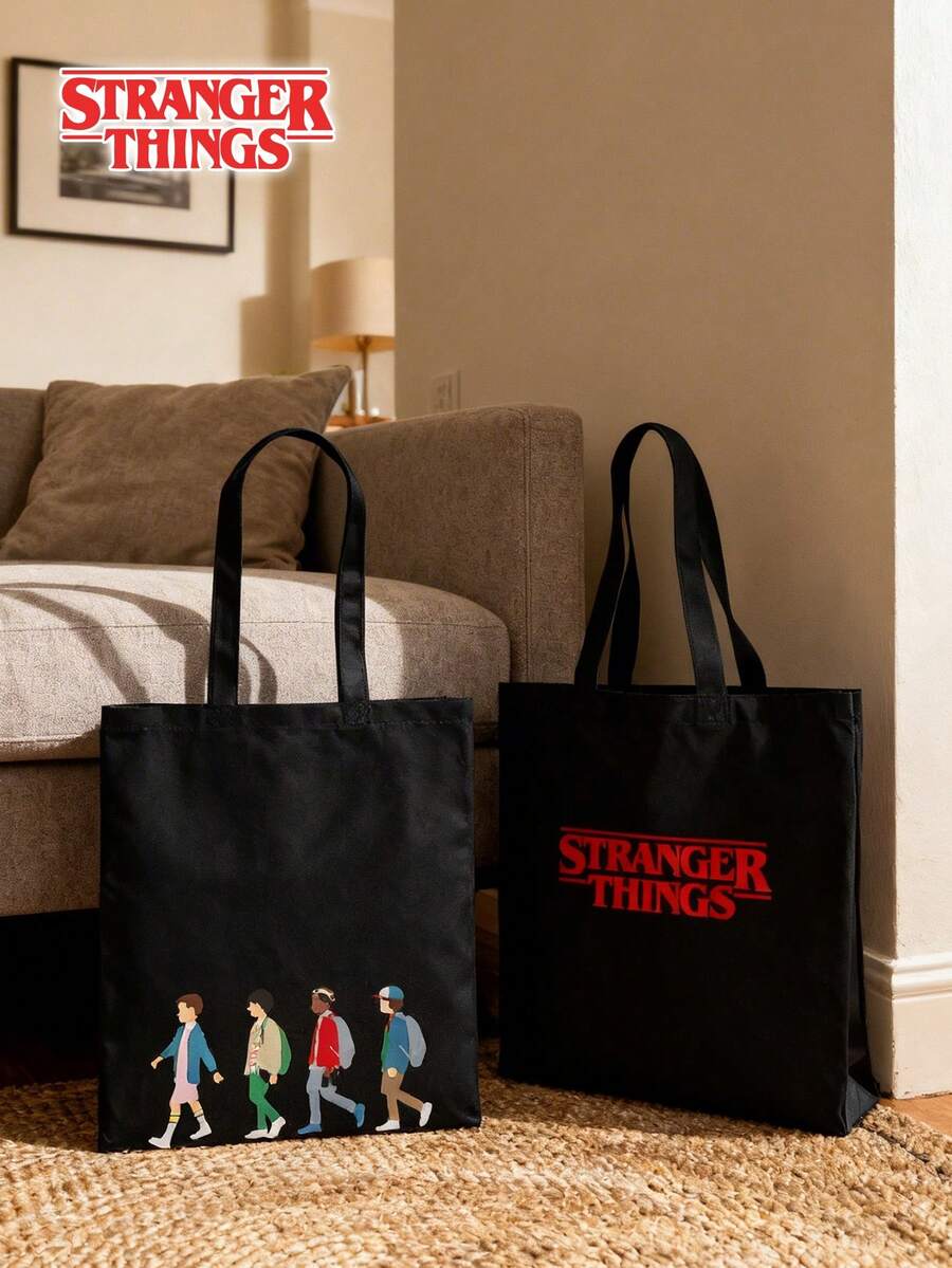 Netflix 1pc Stranger Things Minimalist Character Figure Graphic Black Canvas Tote Bag - Multicolor - View 1