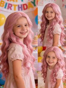 Tóc giả dài gợn sóng cho bé gái, chất liệu tổng hợp, có mái tự nhiên, chịu nhiệt, thích hợp sử dụng hàng ngày, hóa trang, đội đầu kín. - Hồng - Xem 2
