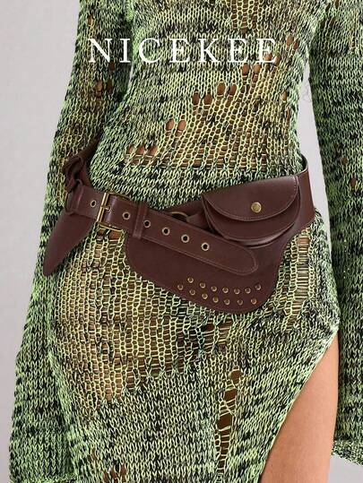 Vintage Fashion Brown Rivet Waist Bag, Unique Design Waist Bag, Minimalist Classic Luxury Multifunctional Crossbody Bag, Retro Personalized Daily Commute Crossbody Waist Bag, Suitable For Daily Travel, Shopping And Other Occasions