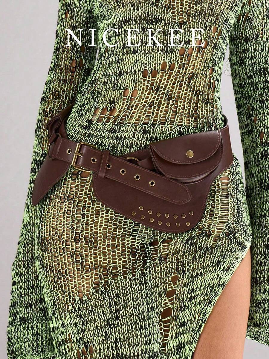 Vintage Fashion Brown Rivet Waist Bag, Unique Design Waist Bag, Minimalist Classic Luxury Multifunctional Crossbody Bag, Retro Personalized Daily Commute Crossbody Waist Bag, Suitable For Daily Travel, Shopping And Other Occasions - Brown - View 1