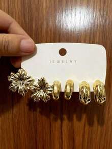 18pcs Exaggerated Eternal Flower, Large C-Shaped, 5-Petal Flower, Butterfly Series Earring Set, Suitable For Daily And Festival Wear, ABS Resin Material With UV Plated Non-Fading Gold - 金子 - 查看 4
