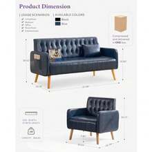 Leather Loveseat and Accent Chair Set of 2 Mid-Century Modern Tufted Small Love Seat Couch and Chair Set with USB and Pockets 3 Pieces Living Room Furniture Sets Blue 3 - Azul - Ver 3