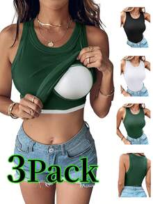 3-Pack Women's Seamless Built-In Bra Tank Tops Wide Strap Slim Lifting Skin-Friendly Base Layer Solid Color Machine Washable Multi-Season Layering Tops - Mixed Colors - View 2