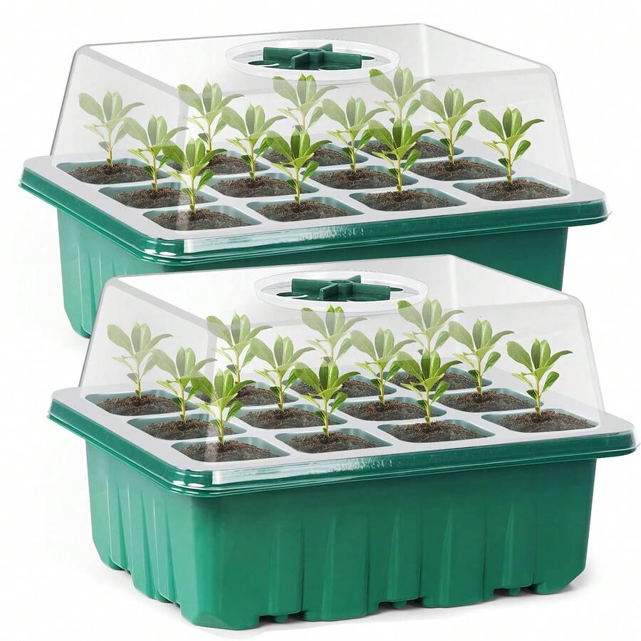 1个重型种子发芽盘，育苗盘，多功能园艺和家居维护工具，绿色植物花盆（适用于多肉植物），带保湿罩和托盘/户外12格套装，适用于蔬菜、花卉和香草种子繁殖系统，室内外均可使用。